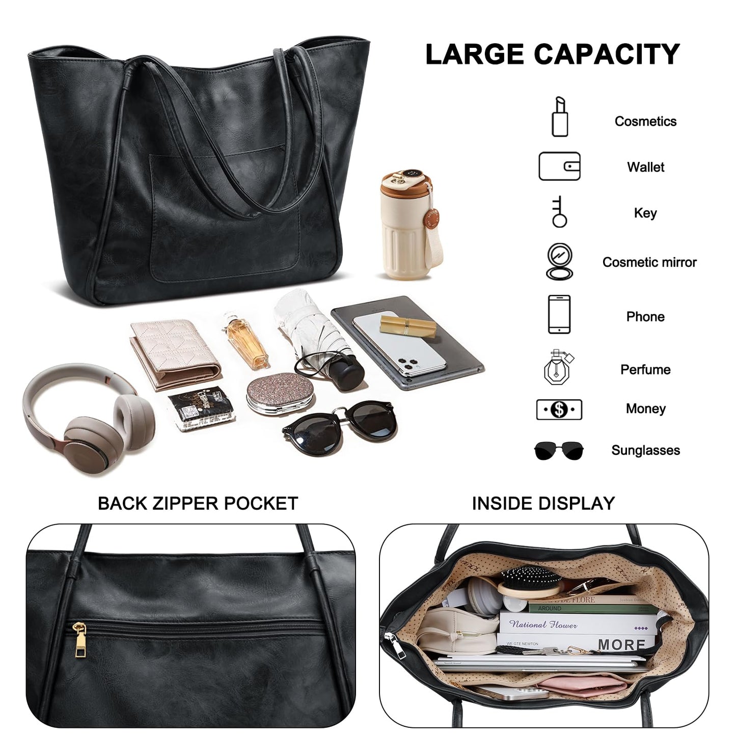 KKXIU Large Tote Bag for Women with Zipper Work Travel Purse and Handbags - Black