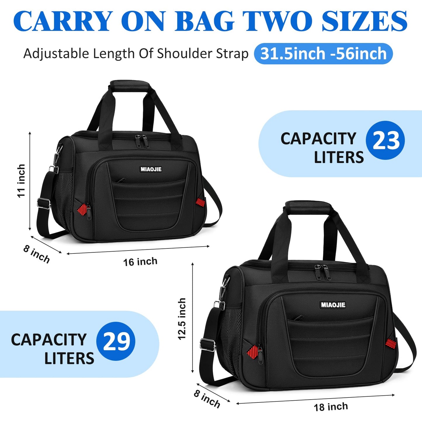 MIAOJIE Underseat Carry On luggage Bag Airplanes Personal Item Bags Weekender Overnight Travel Tote Bag Shoulder Small Softside Carry on Luggage Travel Duffel Bags For Men Women -16 IN Black