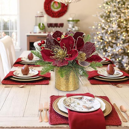 13 inch Christmas Table Centerpiece 5" Glitter Magnolia Flower and Berries Fir Greenery Artificial Christmas Floral Centerpiece in Silver Ceramic Pot Tabletop Xmas Table Arrangement Decor