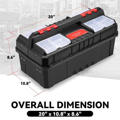 Auto Dynasty Tool Box Set Portable 2-layer Folding Toolbox with Non-slip Handle Tray for Garage, Workshop and On-the-Go Repairs, Red/Black