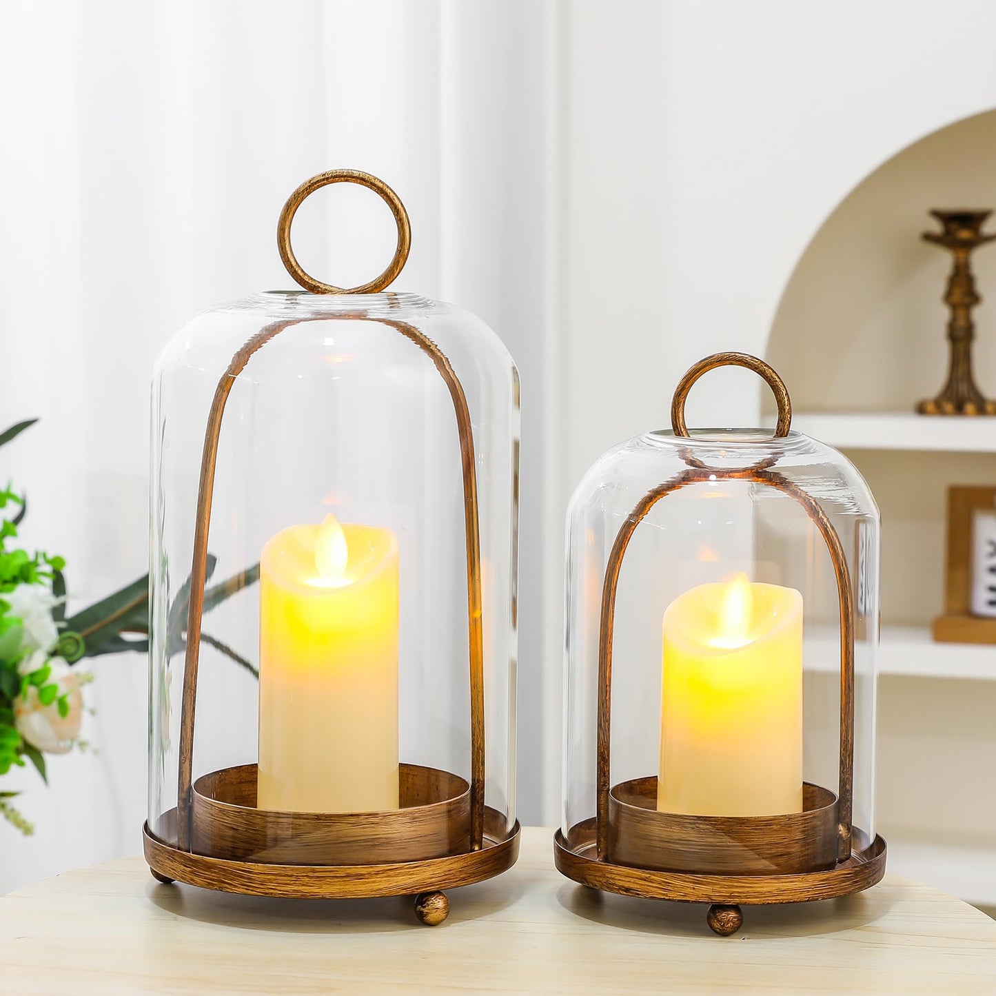Glass Hurricane Candle Holder Decorative Gold Candle Lantern, Candlestick Holders, Hanging Metal Holder Modern Table Centerpieces (2, Brass, Large & Small)