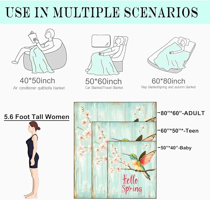 Bird Hello Spring Fleece Blanket - 50x60in Colorful Hummingbird and Cherry Blossom Throw Blankets,Soft Cozy Lightweight, Ideal for Bed Living Room Home Rustic Decor and Girls Women Gifts