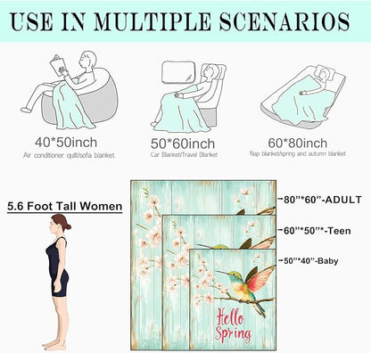 Bird Hello Spring Fleece Blanket - 50x60in Colorful Hummingbird and Cherry Blossom Throw Blankets,Soft Cozy Lightweight, Ideal for Bed Living Room Home Rustic Decor and Girls Women Gifts