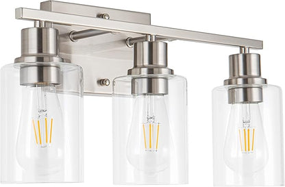 EMONG Brushed Nickel Bathroom Light Fixtures, 3-Light Vanity Lights with Clear Glass Shade, Wall Sconces for Hallway, Farmhouse, Living Room, Kitchen