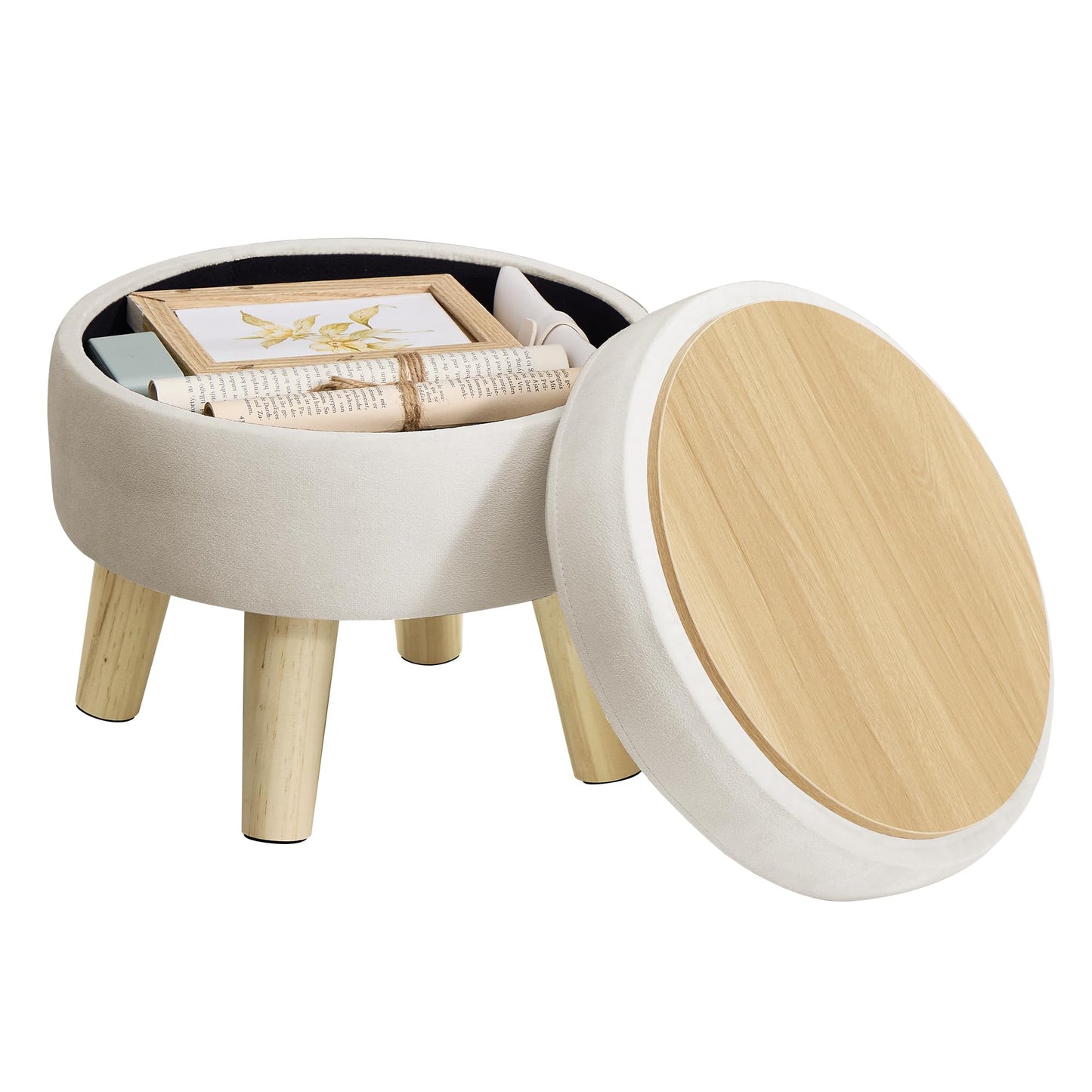 SONGMICS Storage Ottoman, Foot Stool, Round Ottoman with Padded Seat, Foot Rest with Wood Legs, Small Table, for Hallway, Living Room, 12.2 Inches, Velvet, Cream White ULOM513LH01