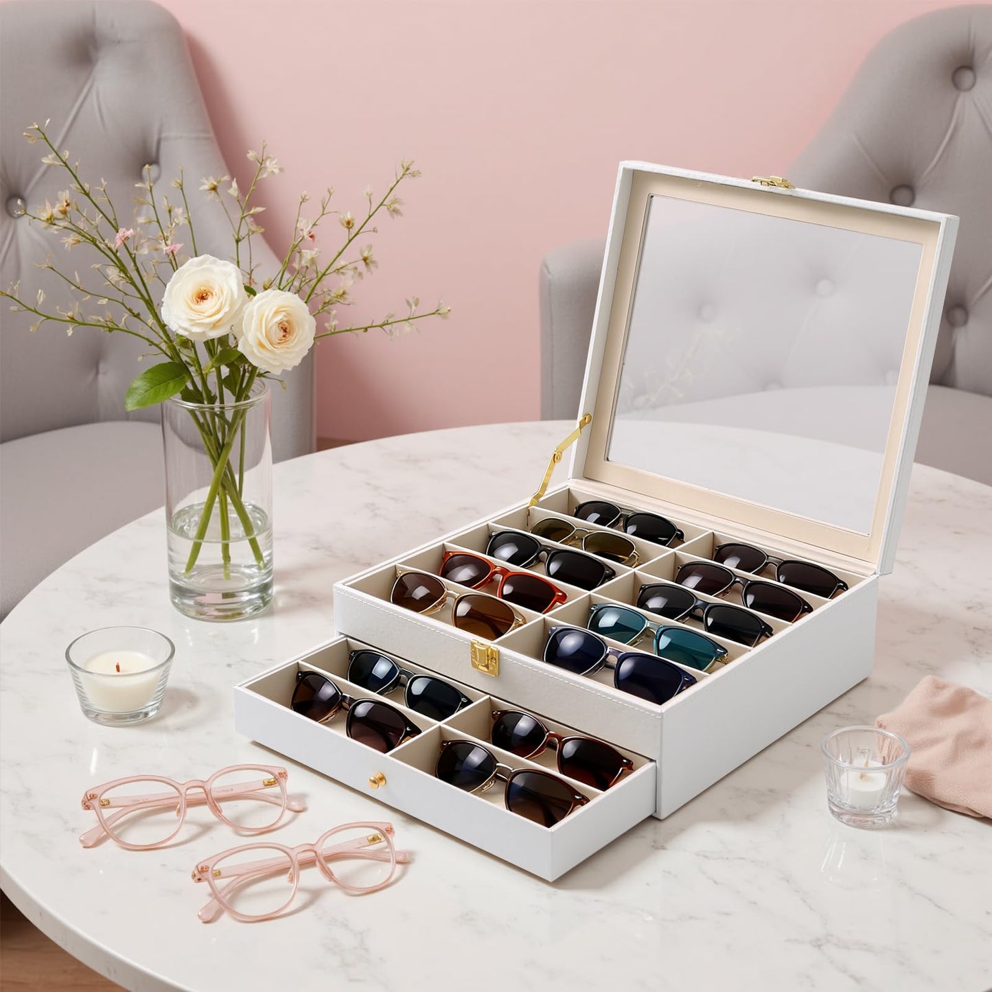 Luckybell Gifs 20 Slots PU Leather Sunglasses Organizer Jewelry Box,Multiple Pairs of Sunglasses Case Holder with Clear Lid