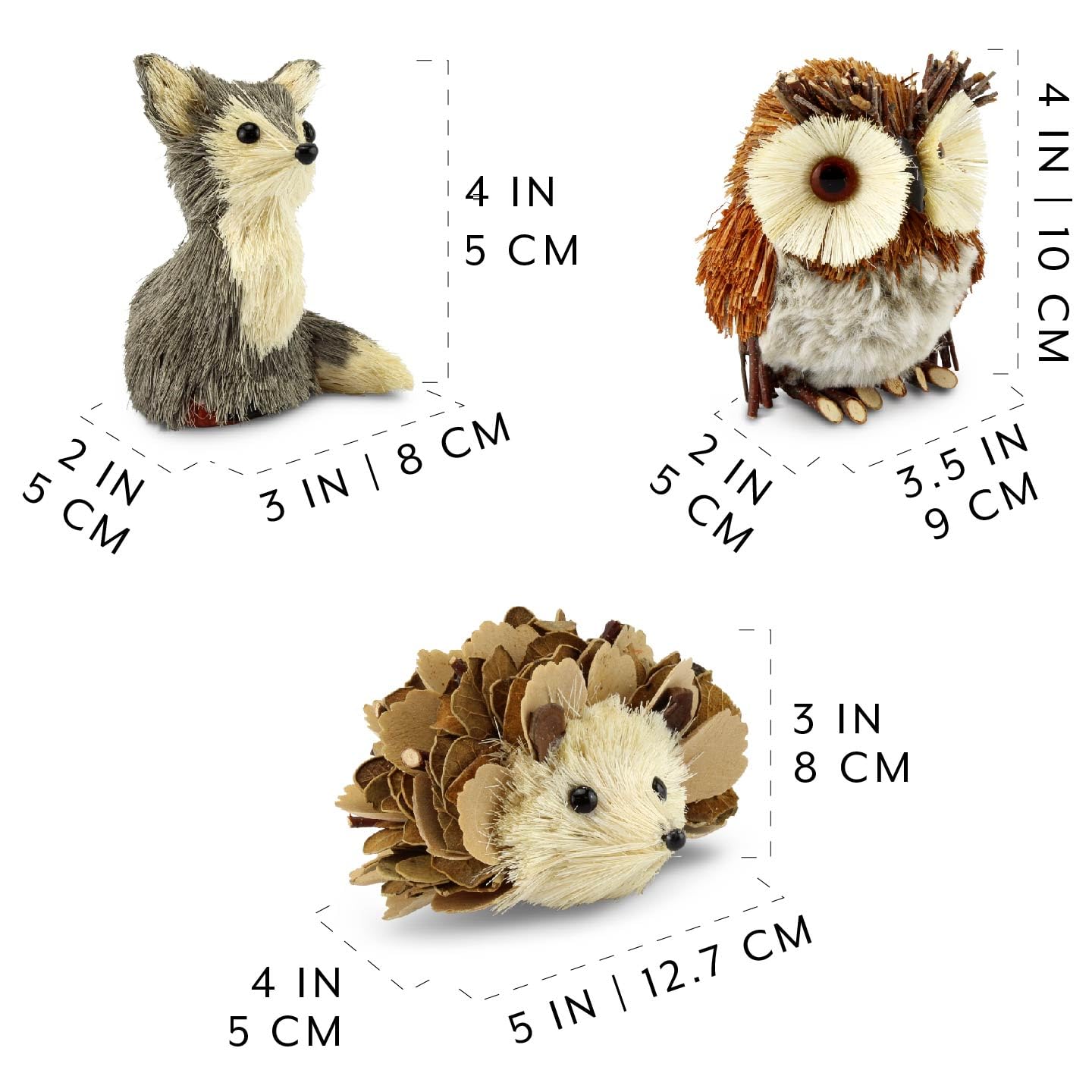 AuldHome Design Woodland Friends Figurines (Set of 3, Fox/Owl/Hedgehog); Forest Animals Decor for Fall, Christmas, Winter and Themed Decor or Parties