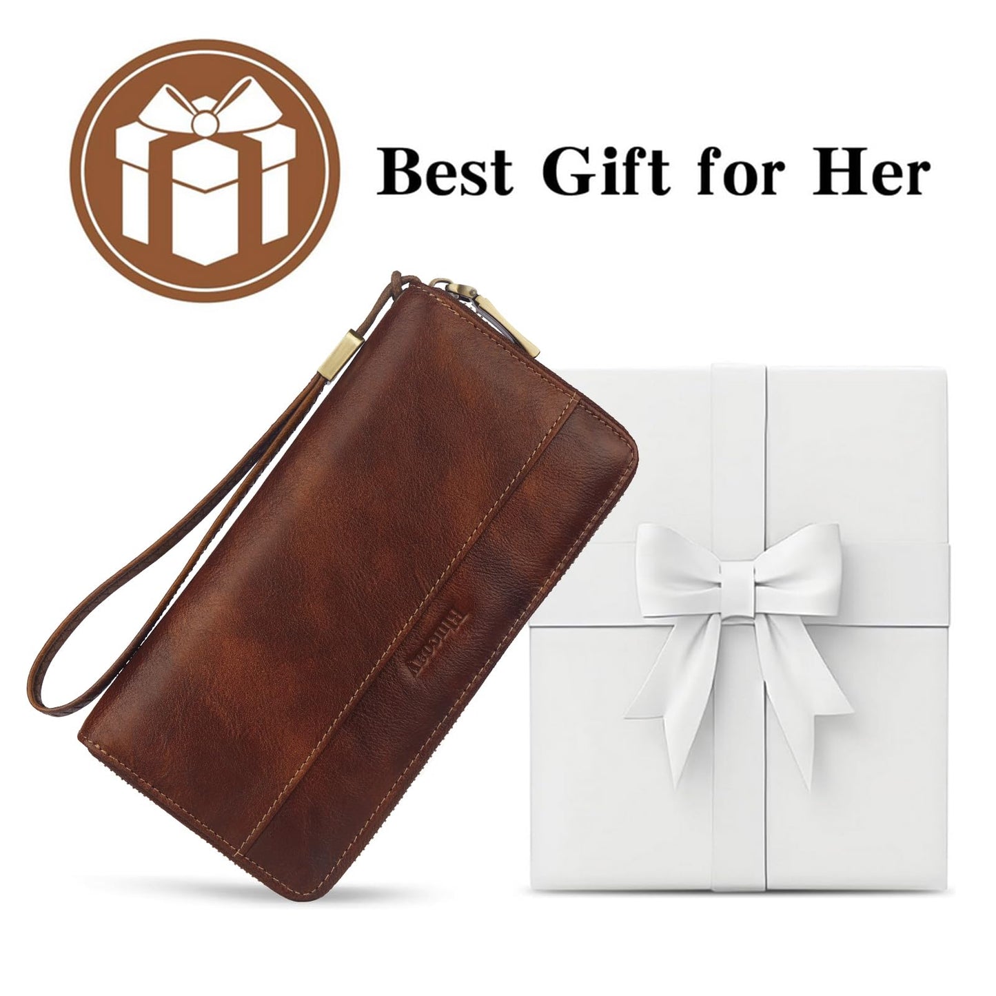 Blucoay Leather Wallet Women Wristlet RFID Blocking Large Capacity Long Wallet For Women Card Holder With Zip Coin Pocket(darkbrown)