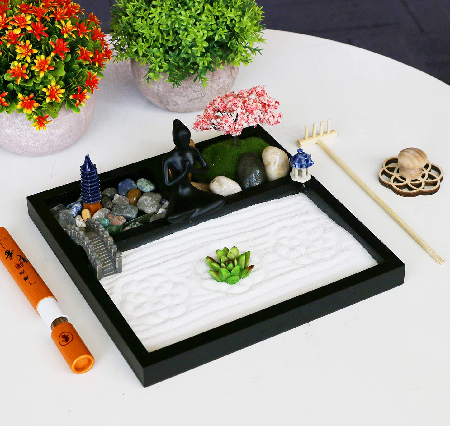 BangBangDa Desktop Meditation Yoga Zen Garden Kit Japanese Tabletop Rock Sand Chakra Shrine Altar Japanese Zen Decor Home Office Desk Zen Gifts for Women Man Birthday w/Rake Tool Accessories Bonsai