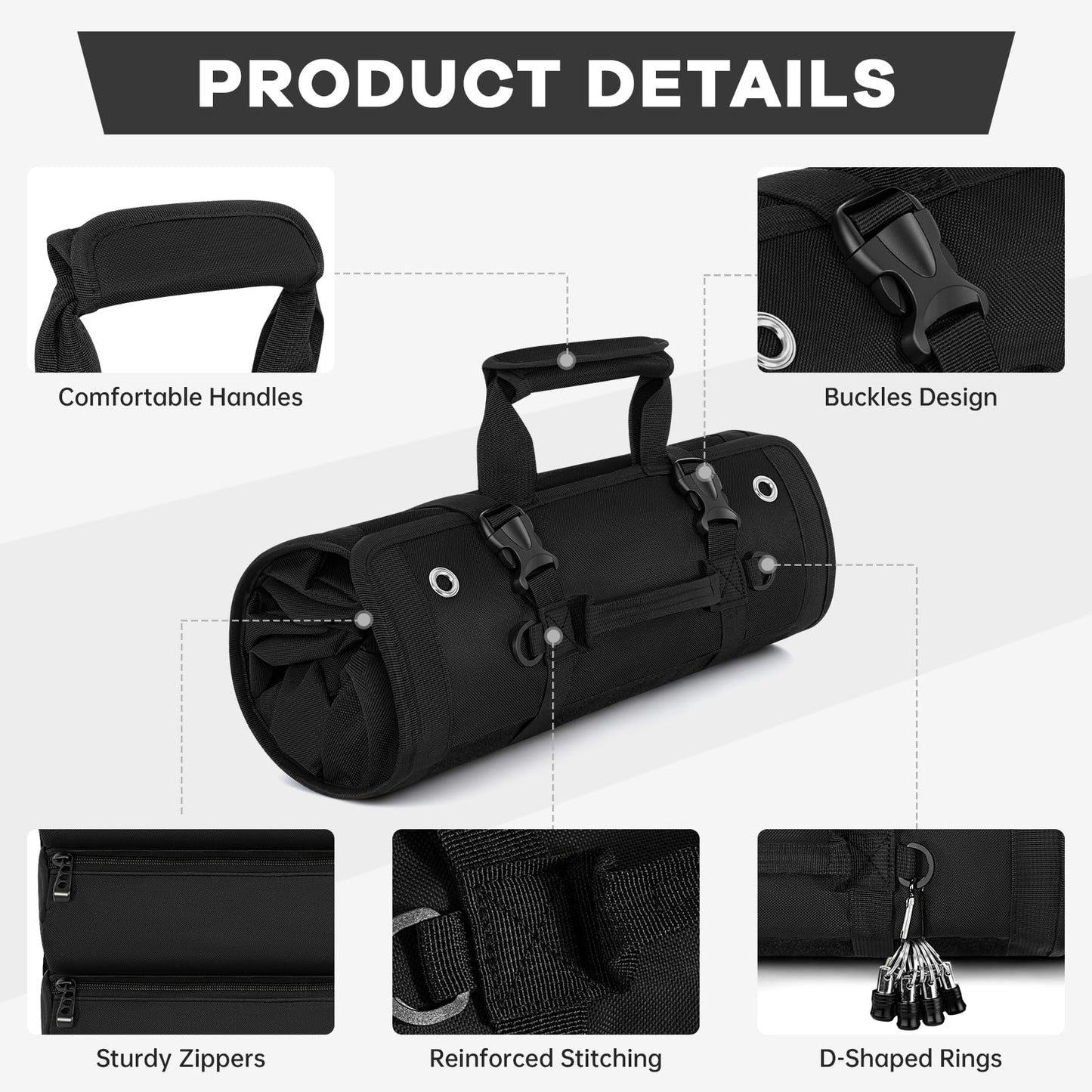 ANILD Roll Up Tool Bag Organizer, Heavy Duty Portable Tool Roll Organizer Bag with 2 Detachable Pouches, Father’s Day Gift, Gifts for Men, Electrician, Mechanic& Hobbyist (Black, Large)