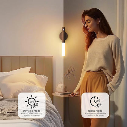 Wooden Motion Sensor Lights Indoor - Magnet Body Hallway Rechargeable LED Wireless Battery Operated Wall Sconce, Portable Decor Torch Night Lighting for Bedroom (Walnut Wood 2PCS)