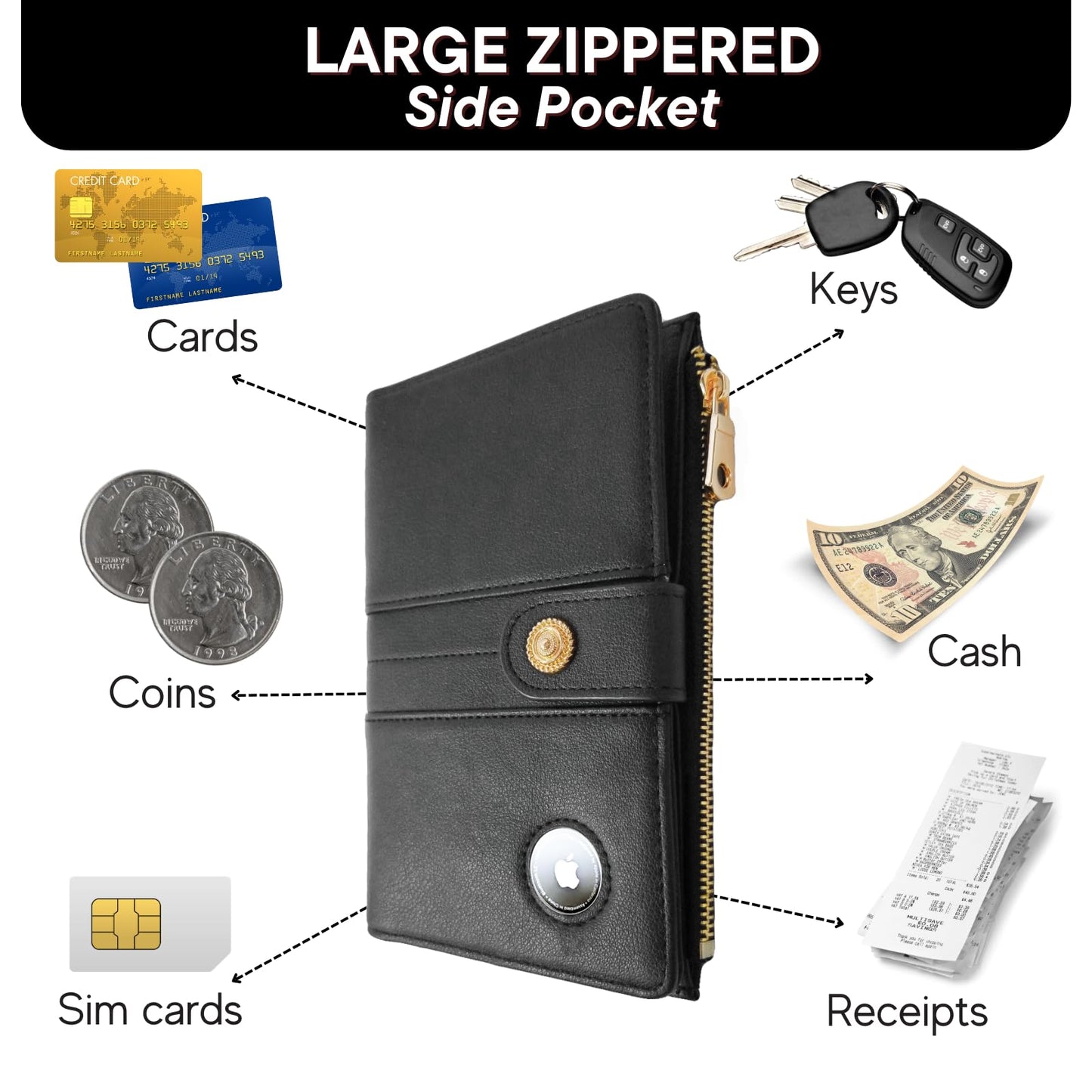 elzama Women's RFID Blocking Passport Wallet, Black with Airtag Holder, Includes Keychain & Pen Holder, Zippered, 11 Pockets, Faux Leather, Slim