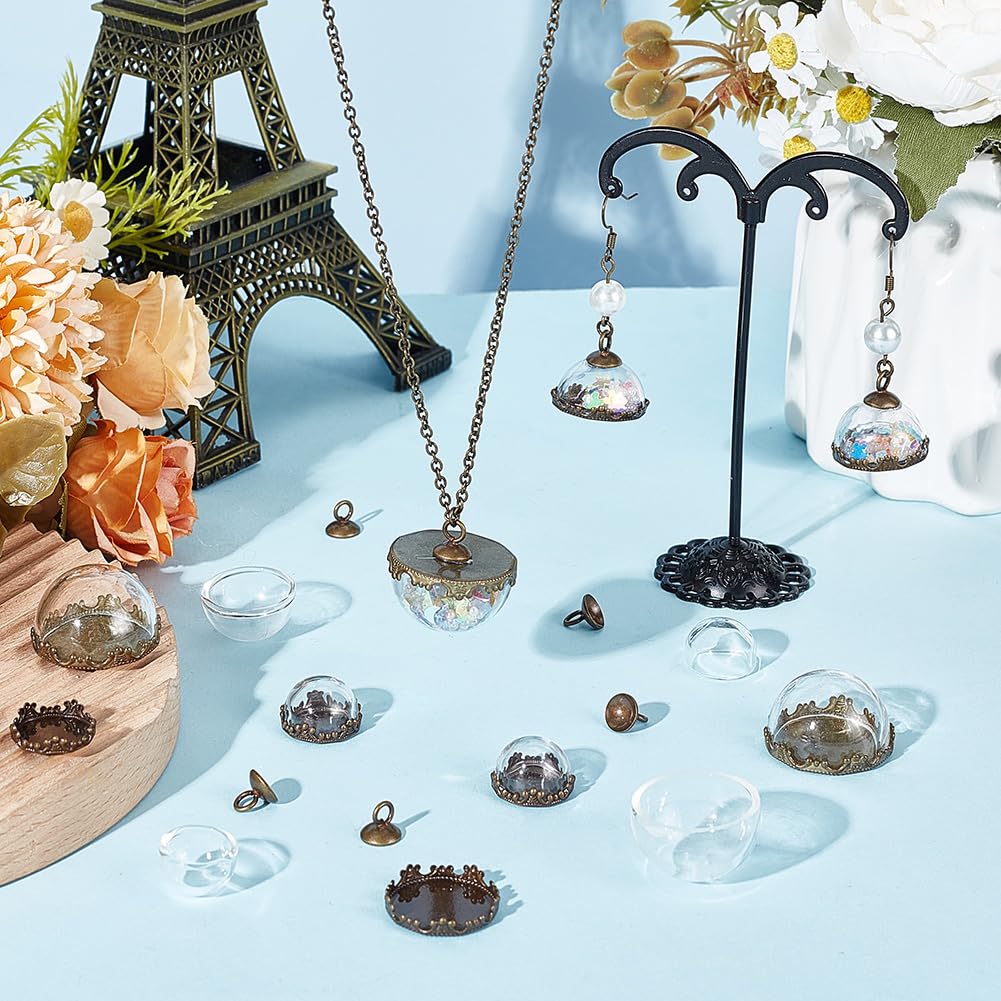 GOMAKERER 12 Sets 3 Sizes Mini Cloche Bell Jar, Round Glass Display Dome Cloche Pendant Glass Jars with Brass Base for Centerpieces Plants Rocks Specimens Decorations, 16.5mm 21mm 26mm in Diameter