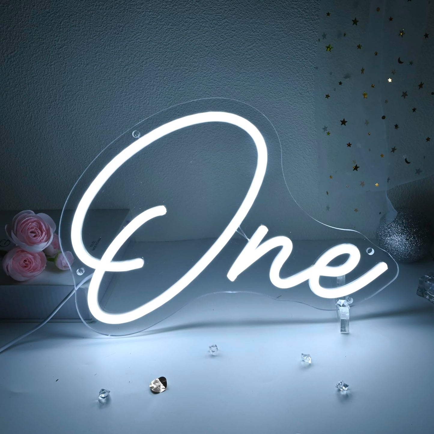 Planzo One Led Neon Sign Light 1th One Year Old Birthday Baby Cave Backdrop Bedroom Wall Sign Decor Banner Wedding Party Decor Gifts USB 11.81"x8.66" Cold White
