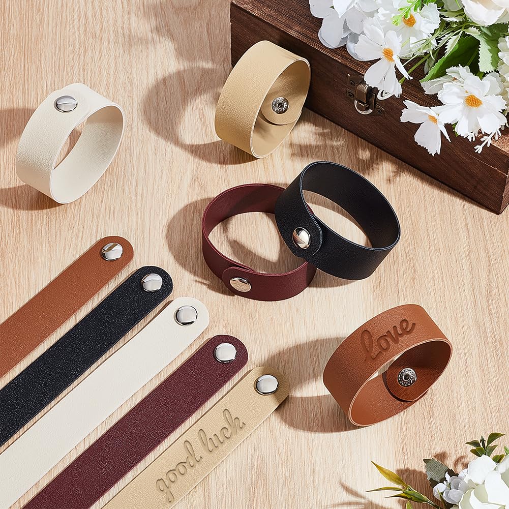 PH PandaHall 20pcs 5 Colors PU Leather Bracelets, 8-3/4 x 1 inch Plain Leather Snap Bracelets Blank Wrist Leather Cuffs Leather Straps with Snaps for DIY Crafts Wristbands Men Women Jewelry Making