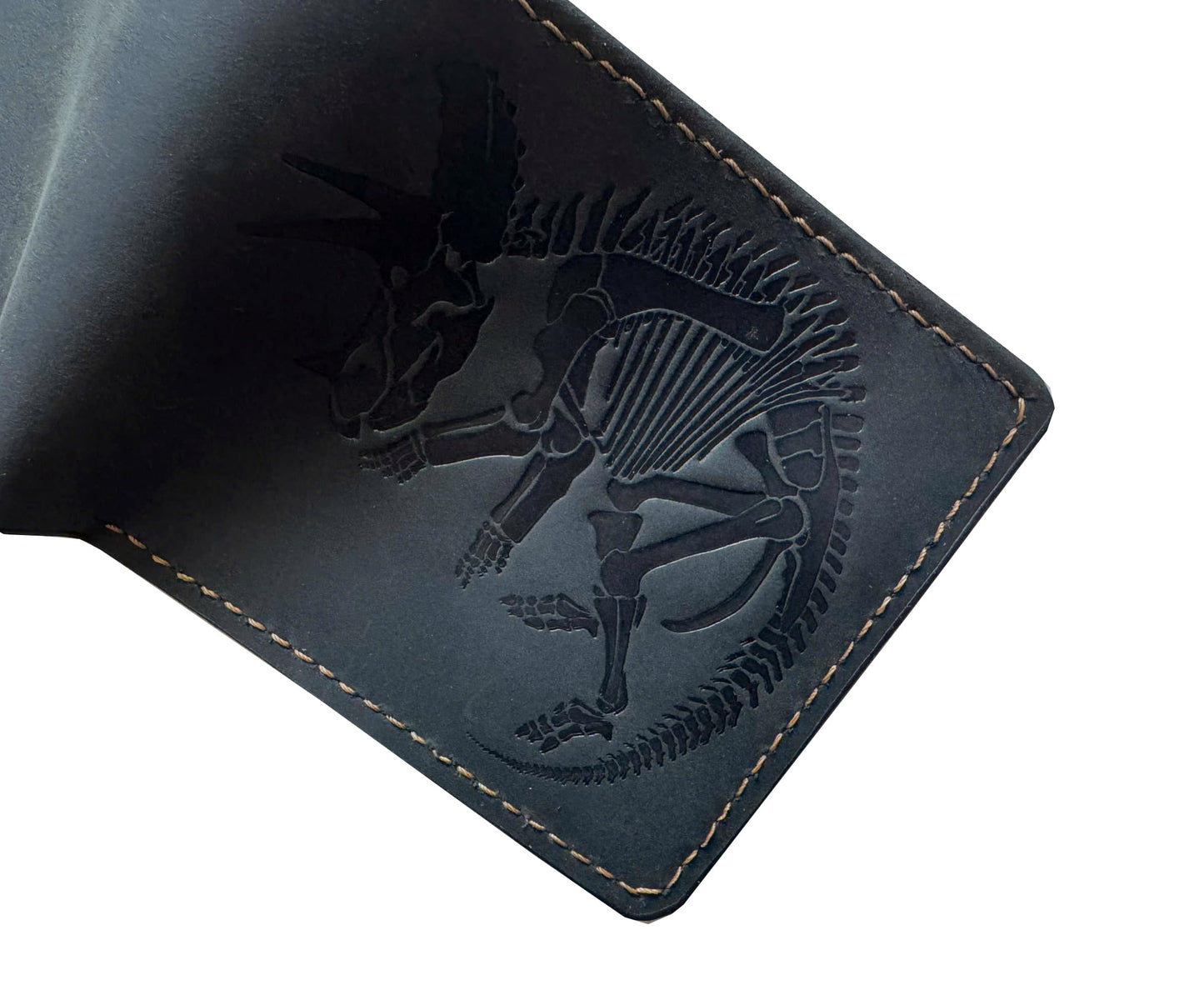 Mayan Corner Handmade Genuine Leather Wallet for Men – Embossed Dinosaur Skeleton Design – Slim Bifold Wallet – Triceratops