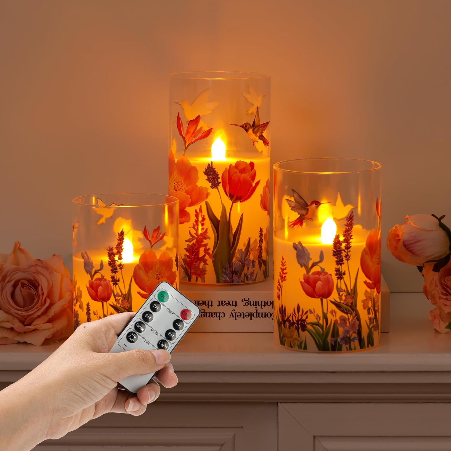 AFINETH Glass Flameless Candles with Remote, Hummingbird Floral Battery Operated Candles, Flickering LED Pillar Candle for Wedding, Home, Party Gift, Set of 3