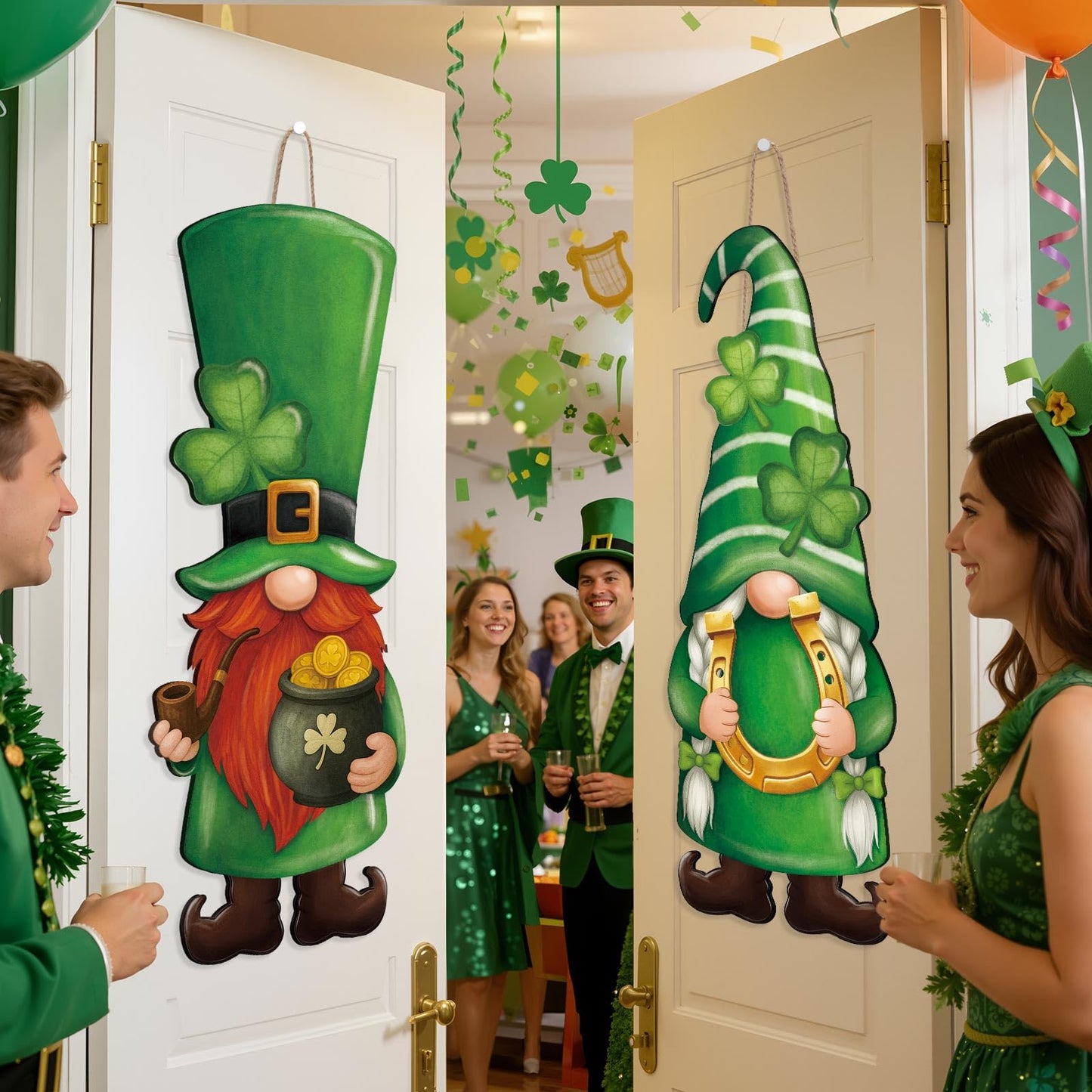 Thyle 2 Pcs Wooden St. Patrick's Day Gnomes Sign 32.3 x 12.2 Inch Irish Hanging Gnomes Front Door Decor Shamrock Lucky Green Hanger for Outdoor Indoor Front Porch Home Wall Supplies