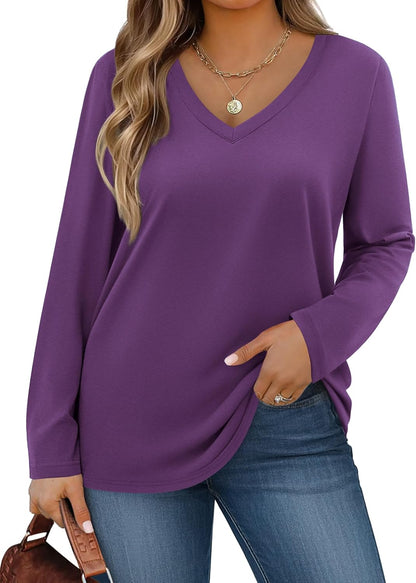 IN'VOLAND Womens Plus Size Long Sleeve Shirts V Neck Basic Tee Tops Loose Fit Fall Outfits for Women 1X-5X