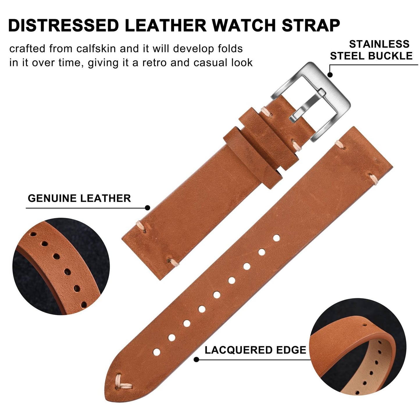 BISONSTRAP Distressed Leather Watch Strap, Watch Replacement Bands for Men, Quick Release Spring Bars, 20mm, Toffee Brown (Silver Buckle)