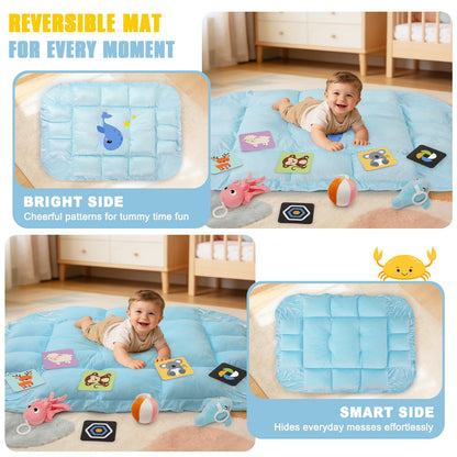 5-in-1 Tummy Time Mat Baby Activity Gym with Cartoon Pattern, Extra Thick Plush Play Floor Mat, Featuring Hanging Toys, Sensory Development Gym & Lovely Gift for Newborn Baby, Whale