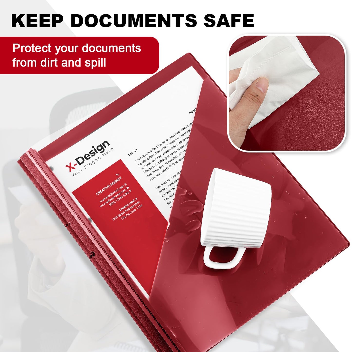 Teling 24 Pcs Clear Front Report Covers with 3 Prongs, Suit for A4/8.5'' x 11'' Letter Size Paper, Plastic Dark Red Presentation Folders Bulk, 90 Sheet Capacity, for School Business