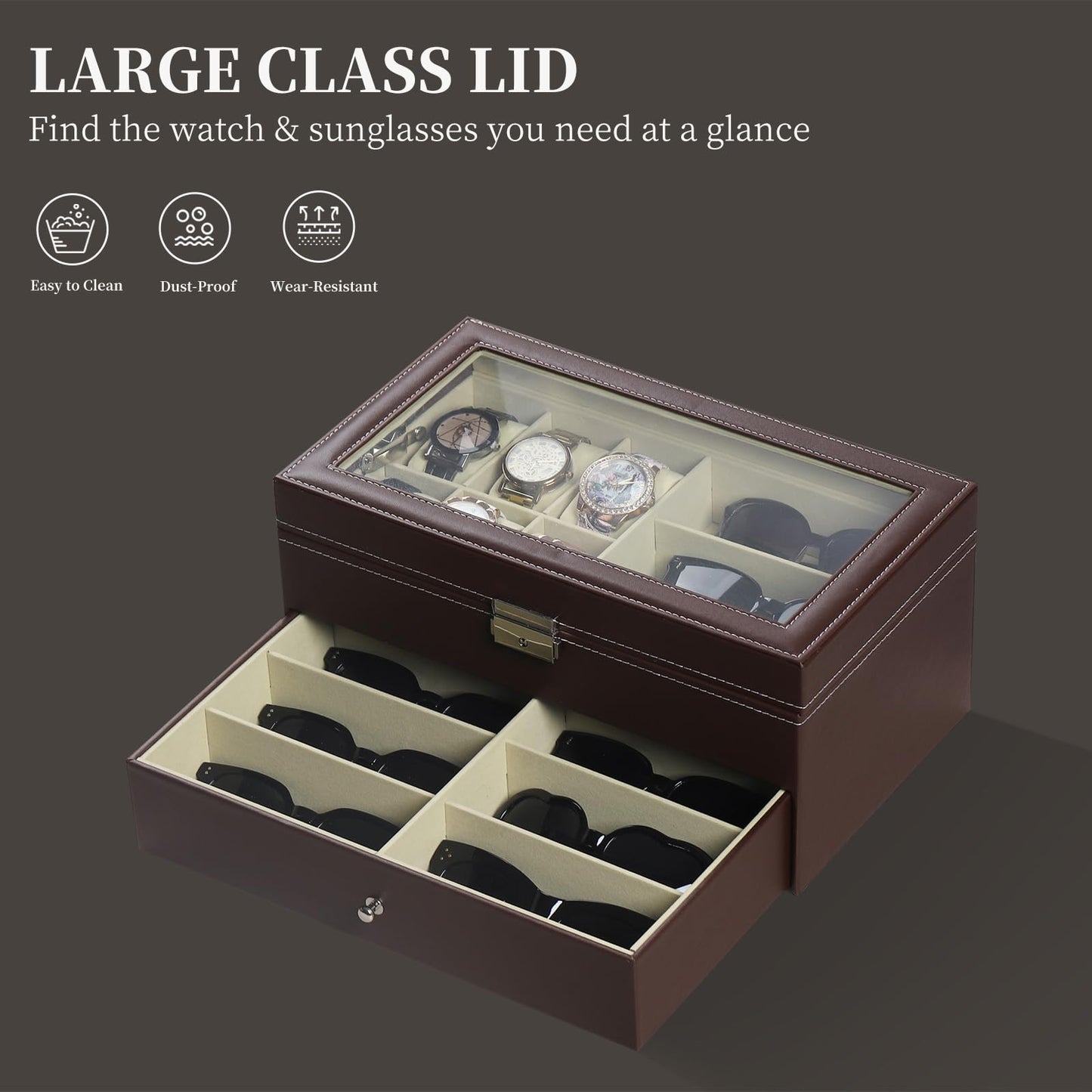 AUTOARK Leather 6 Watch Box Jewelry Case and 9 Piece Eyeglasses Storage and Sunglass Glasses Display Drawer Lockable Case Organizer,Brown,AW-130