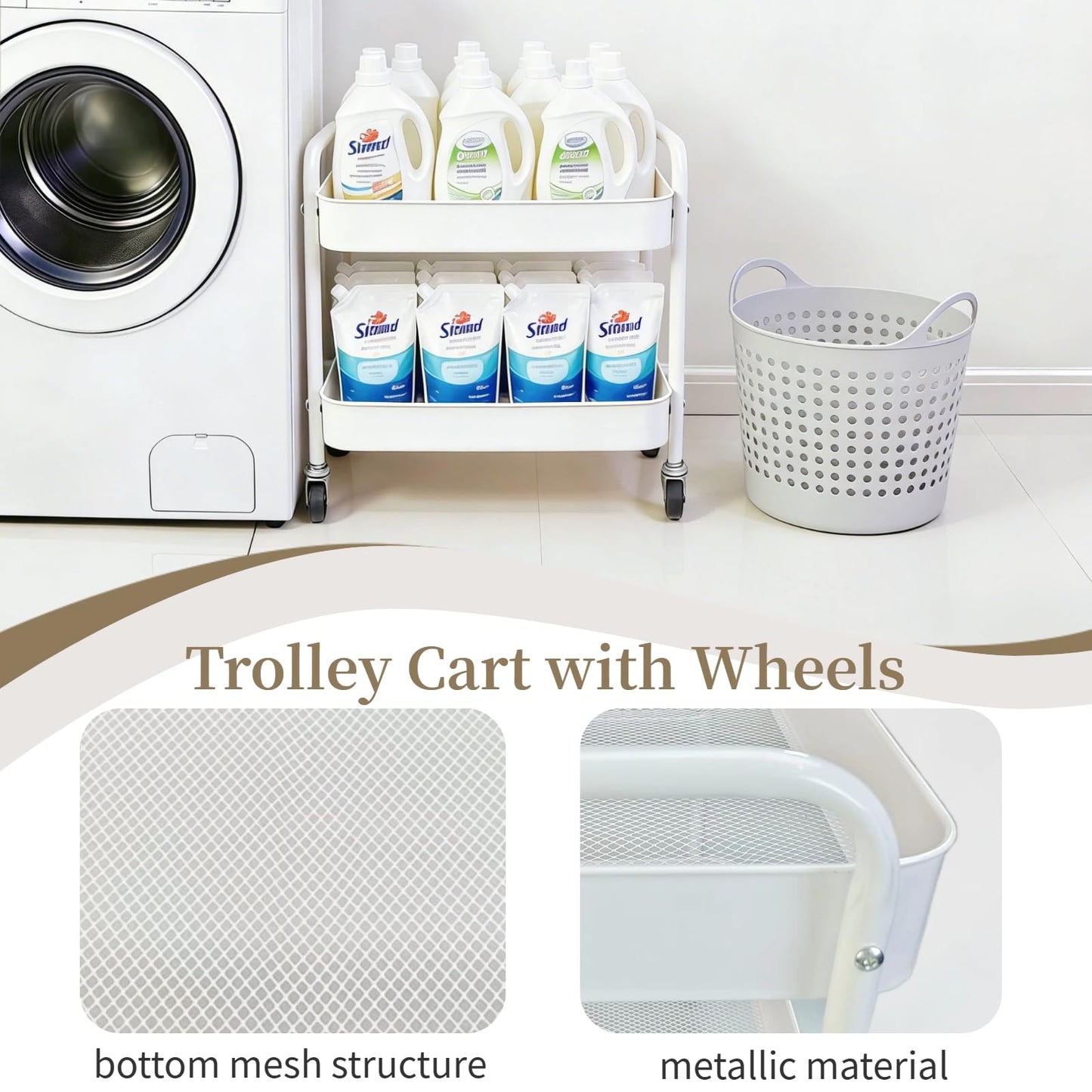 LIWNYRK 2 Tier Metal Rolling Cart with Wheels for Under Desk Storage & Pantry Storage, High Load-Bearing Kitchen Utility Cart for Small Space, Laundry Room Organization Side Table with 4 Hooks, White