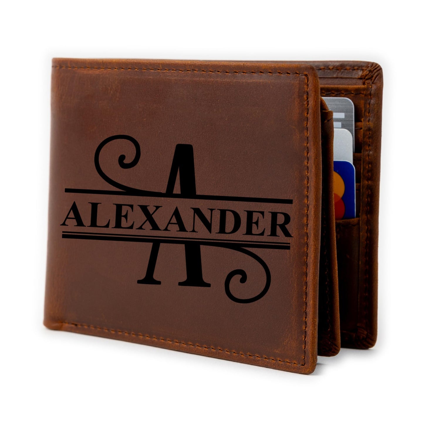 Personalized Wallet for Men | Initial Monogram Custom Engraved Genuine Leather Bifold Wallet Birthday Valentine's Day Gift for Husband Boyfriend Groomsmen Dad Grandpa (Brown)