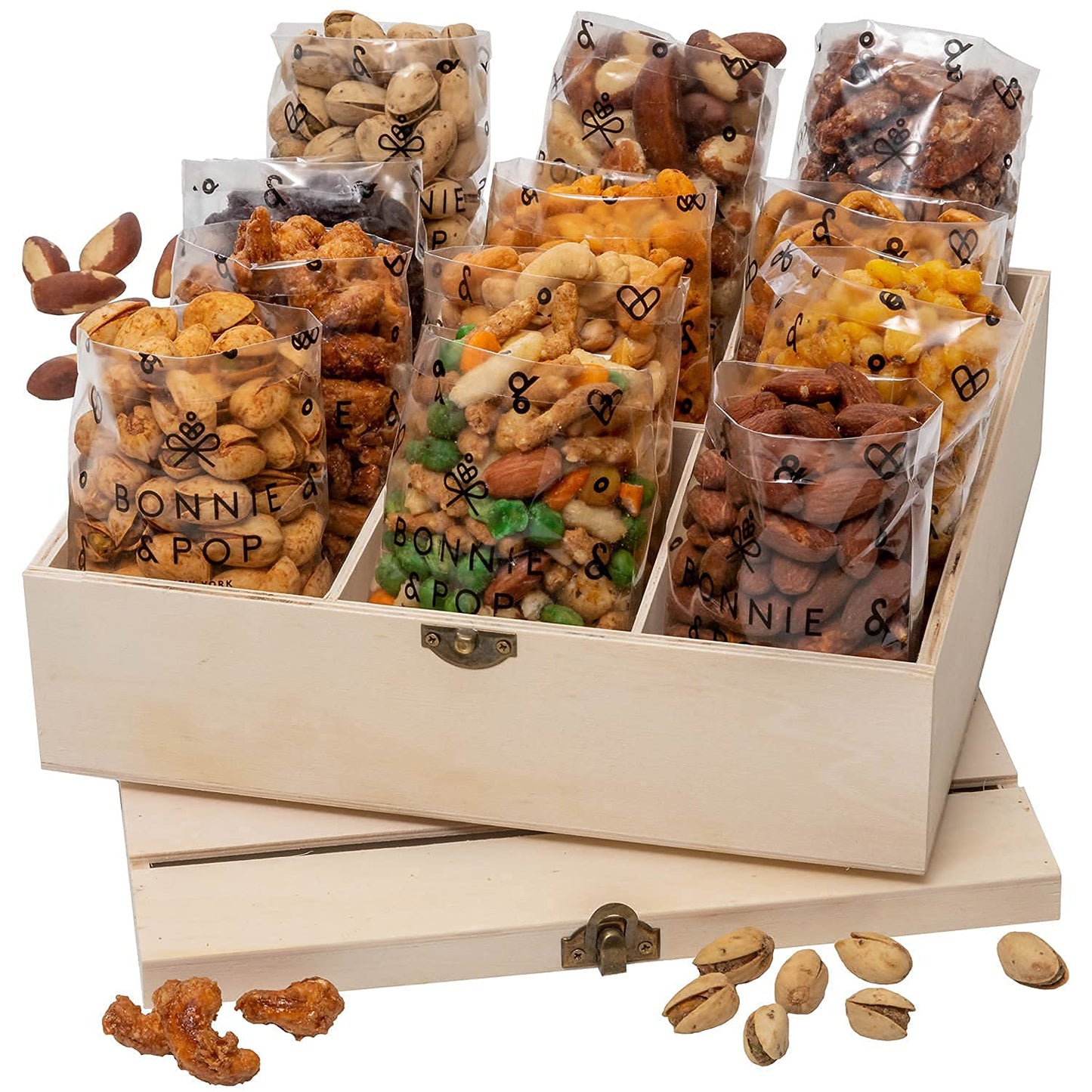 BONNIE AND POP Nut Basket, Healthy Gift of Assorted Nuts in Reusable Wood Crate, Large Variety Tray with Unique Flavors, Fathers Day, Parties, Holidays, Birthday, Sympathy, Office, Thank You, Him, Her