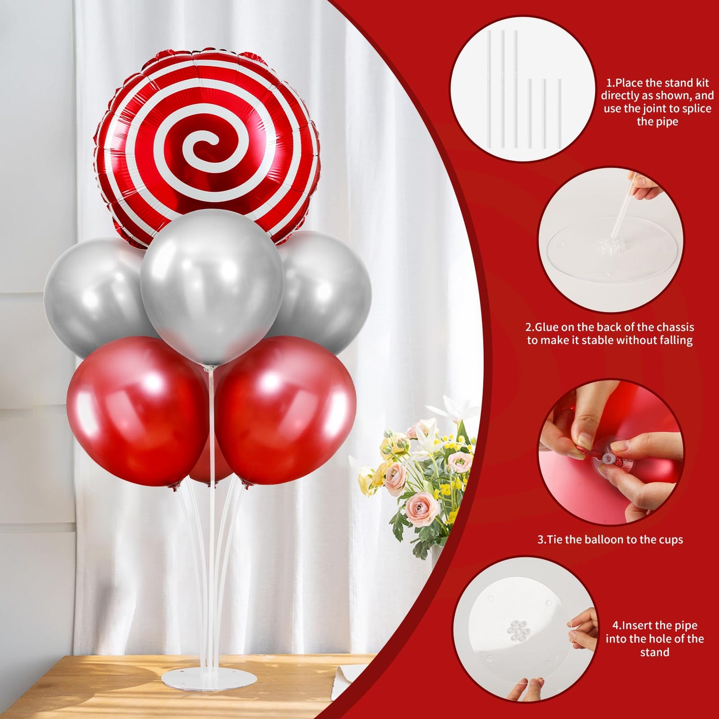 2 Sets Red White Lollipop Balloon Stand Kit, 18 Inch Swirl Foil Balloons Table Centerpieces for Candyland Birthday Party Decorations, Baby Shower, Sweet Candy Themed Party Supplies-Red