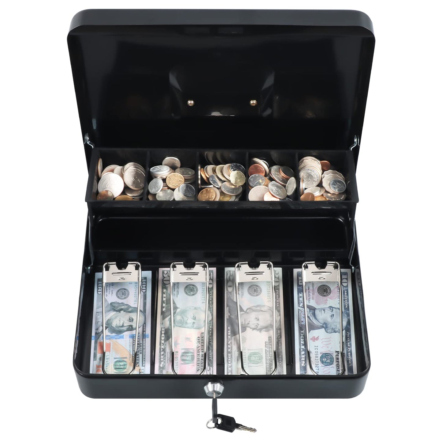 xydled Cash Box with Money Tray and Key Lock,Tiered, Cantilever Design,4 Bill / 5 Coin Slots,11.8" x 9.5" x 3.5",Black