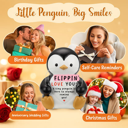 I Flippin’ Love You Penguin Figurine with Heart Plaque, Cute Penguin Collectible Desk Sign, Sentimental Gift for Friend, Family, Coworker, Birthday, Christmas, Anniversary Keepsake ES018