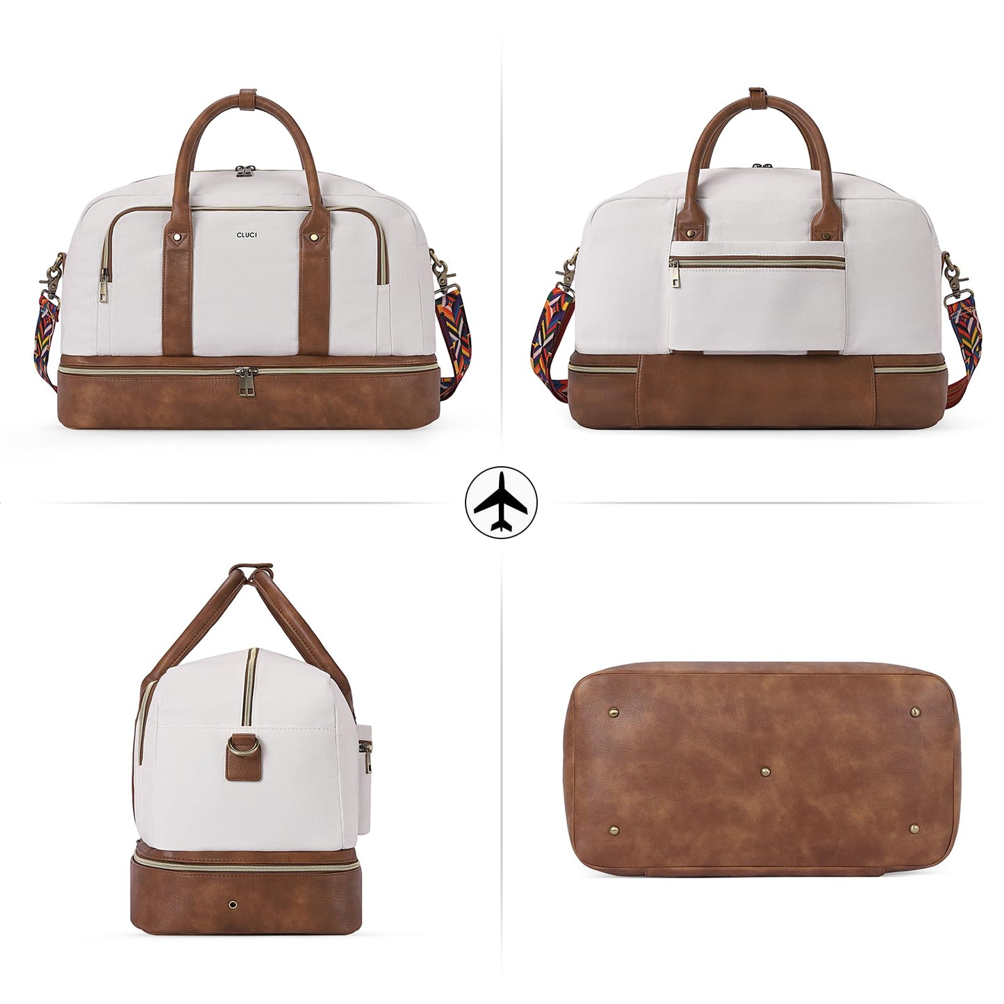 CLUCI Duffle Bag Weekender Bags for Women Canvas Anti Theft Travel Bag for Women Overnight Tote Carry On Bags with Shoe Compartment White with Brown