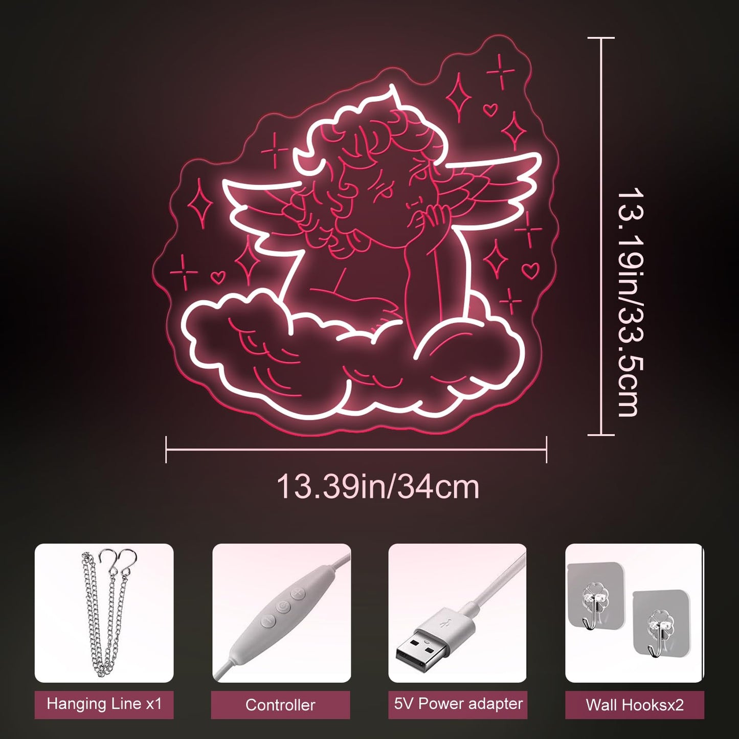 Cherub Neon Sign Valentine Cupid Arrow Neon Light Children's Bedroom Led Neon Lights for Light Up Signs for Nursery Baby welcome Ceremony Home Club Wedding Birthday Gender Reveal Party-13.4"