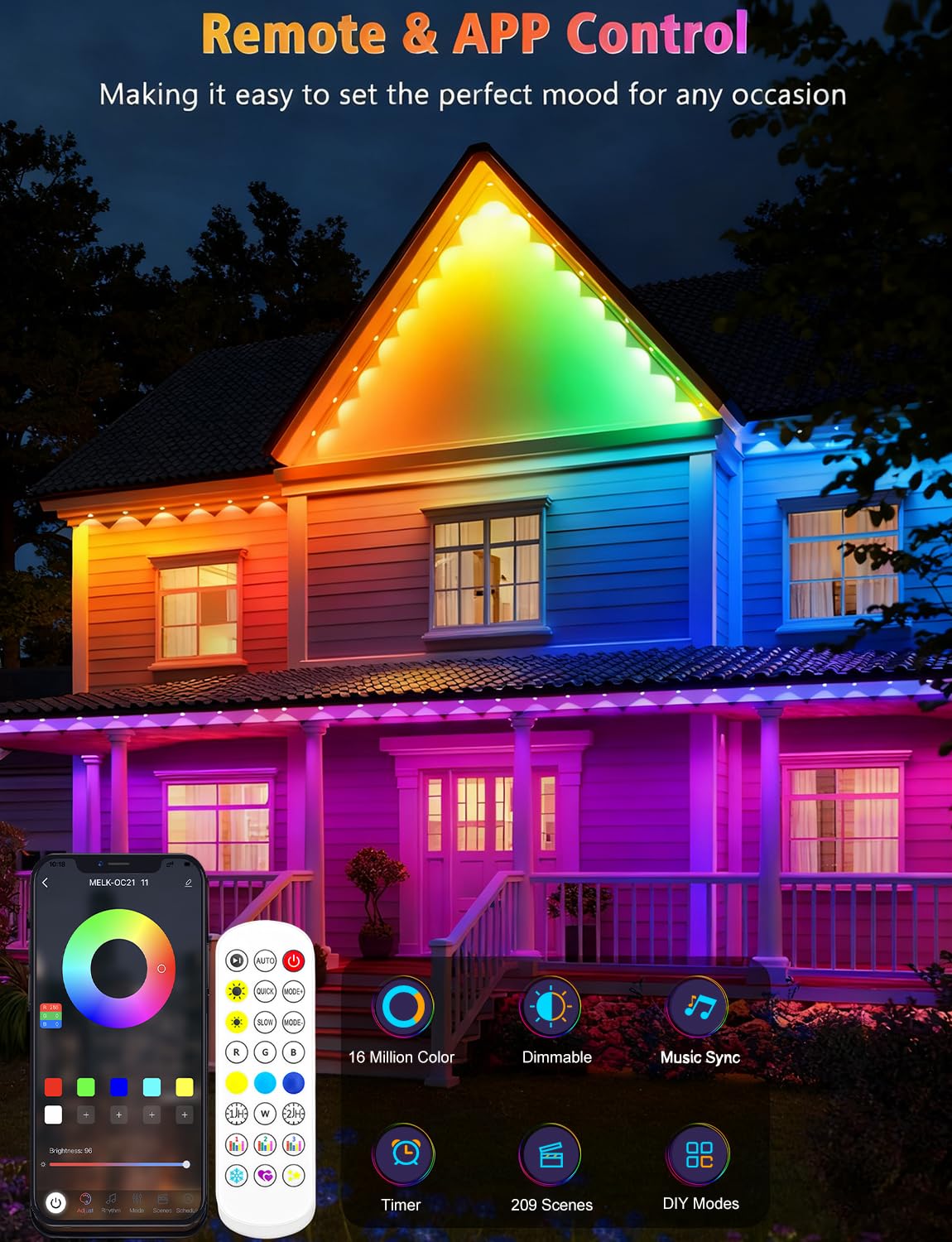 BSGlobal 100FT Permanent Outdoor Lights, 60 LED Smart RGB&IC Outdoor Eave Lights with App/Remote Control, 209 Scene Modes, IP67 Waterproof Outside Light for House Party Christmas