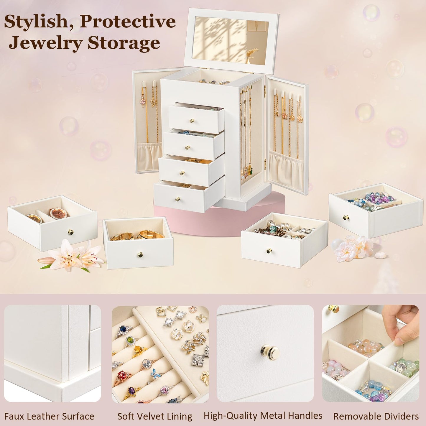 Emfogo Jewelry Boxes for Women, 5-Layer Large Leather Jewelry Organizer Box with Mirror and Drawers, Jewelry Storage for Necklaces Earrings Rings Bracelets (White)
