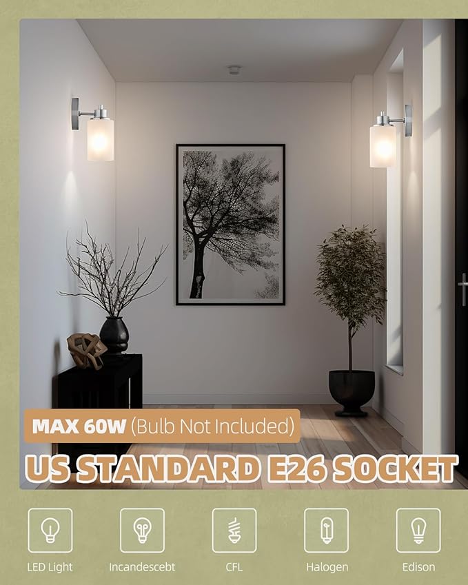 2 Pack Modern Elegant Wall Sconces Bath Vanity Light Fixtures Wall Mounted Lighting Brushed Nickel White Frosted Glass Shade