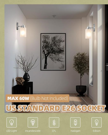 2 Pack Modern Elegant Wall Sconces Bath Vanity Light Fixtures Wall Mounted Lighting Brushed Nickel White Frosted Glass Shade