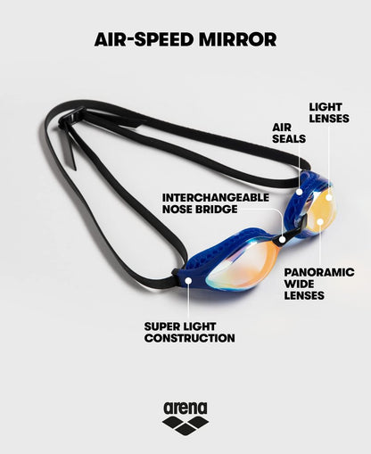 ARENA Unisex Adult Air-Speed Anti-Fog Racing Swim Goggles for Men and Women Special Air Seals Technology Mirror Lens, Yellow Copper/Blue