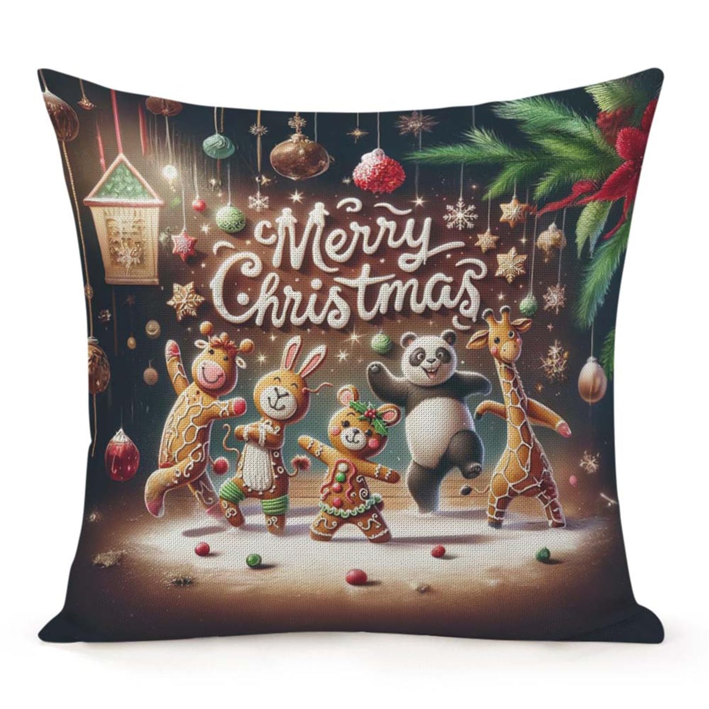 Throw Pillow Cover 20x20 Inch,Gingerbread Cow Rabbit Mouse Panda Giraffe Dancing Ornaments Pine Branches Merry Christmas Throw Pillow Case,Home Decor Cushion Covers for Sofa Living Room Couch Bed