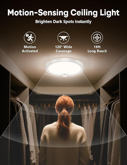 Rechargeable Motion Sensor Ceiling Light - Battery Operated Wireless LED Ceiling Shower Lights Indoor Night Lighting for Bathroom, Laundry Room, Hallway, Closets