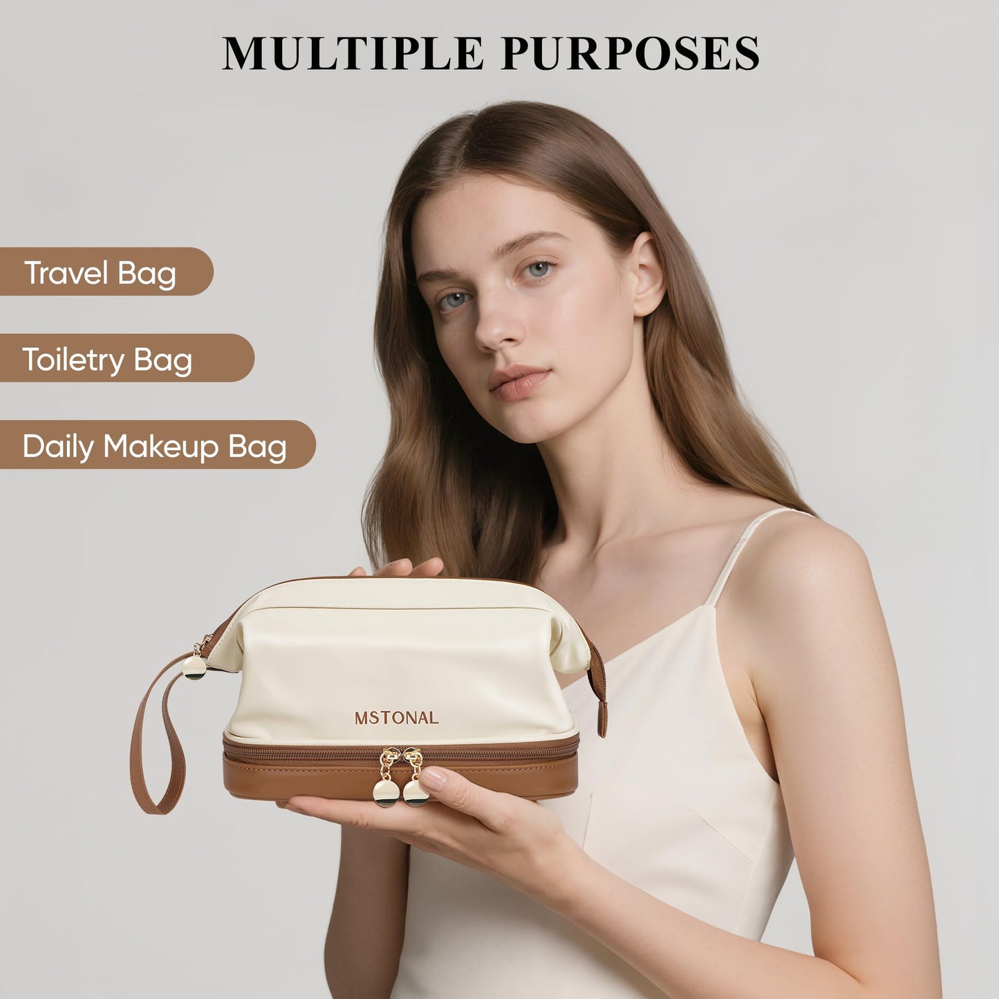 MSTONAL Travel Makeup Bag, Large Capacity Double Layer Cosmetic Bags for Women, Waterproof Portable Make Up Skincare Pouch with Makeup Brush Organizer, Toiletry Bag for Essentials, Beige & Brown