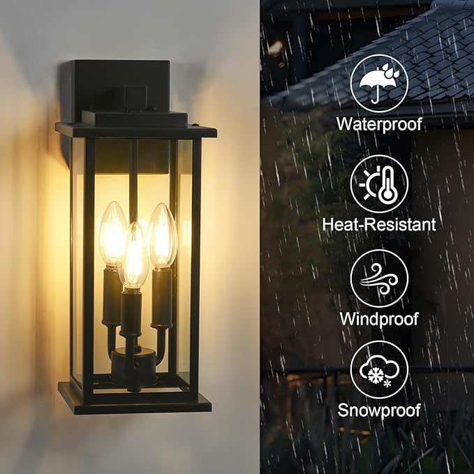 2-Pack 15" Outdoor Wall Lantern Candelabra 3-Light, Waterproof Exterior Wall Light Fixture with Clear Glass Front Porch Light Outdoor Wall Sconce, E12 Base Exterior Sconces for Garage