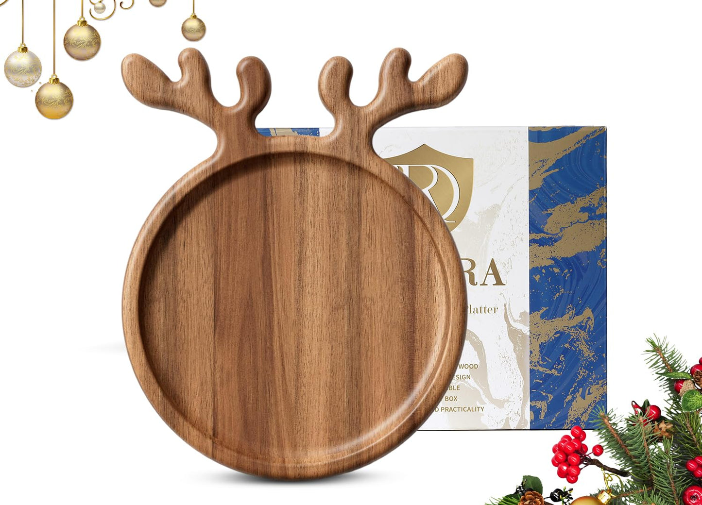 Dofira Acacia Wood Serving Platter, Christmas Decorative Reindeer Antler, 12"x10"Round Wooden Food Dish Display Plate, Charcuterie Board Tray for Cheese Fruit, Kitchen Gift for Mother’s Day (Gift Box)