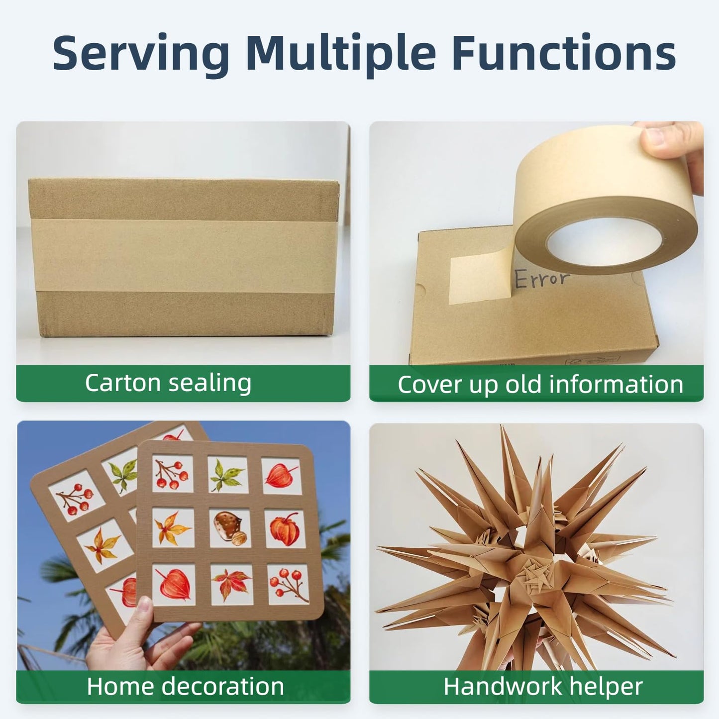 Hijelyn Shipping Tape 2 Rolls Recyclable Brown Kraft Paper Tape for Packing Box, Odorless Quiet Carton Sealing Storage Packaging Supplies, 2 Inch x 66 Yards/per roll
