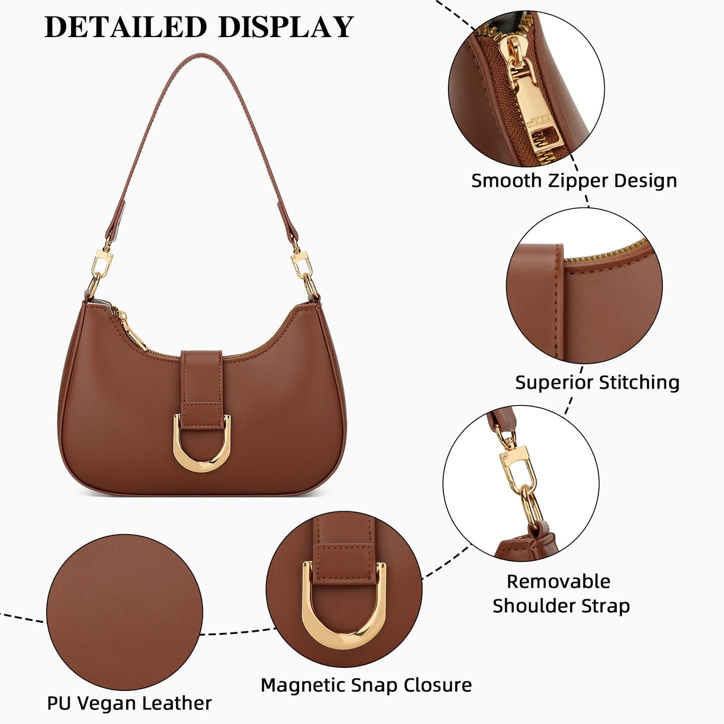 KKXIU Small Shoulder Bag for Women - Crescent Bag Small Purses for Women Trendy Vegan Leather Purse with Removable Strap (Brown)