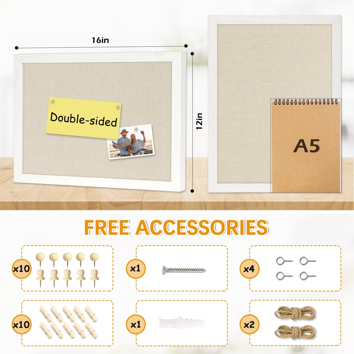 DOLLAR BOSS Bulletin Boards with Linen 1-Pack 16''X 12'' Double-Sided Cork Board for Walls Wood Framed Bulletin Boards, Small Pin Board for Home Kitchen Office Decorative Hanging 10 Pushpins