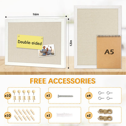 DOLLAR BOSS Bulletin Boards with Linen 1-Pack 16''X 12'' Double-Sided Cork Board for Walls Wood Framed Bulletin Boards, Small Pin Board for Home Kitchen Office Decorative Hanging 10 Pushpins