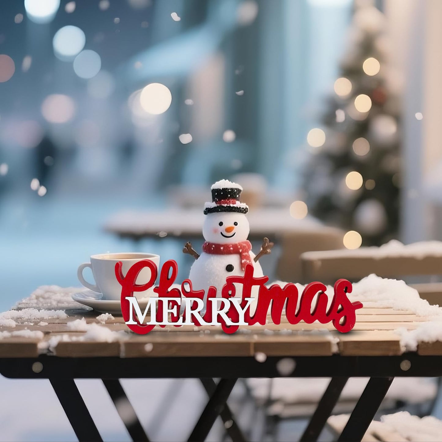 Christmas Centerpieces for Table - Wooden Merry Christmas Sign with Red & White Accents, Festive Tabletop and Mantel Decor for Dining Room, Shelf, Tray, Dinner Party Centerpiece